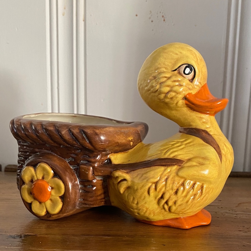 Vintage 70s Ceramic Yellow Duck Planter with Brown Accents
